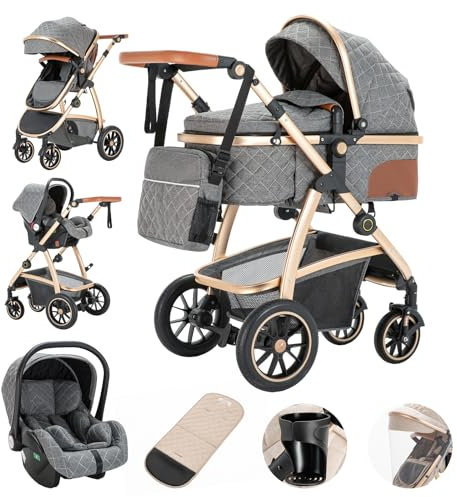 Gcarebb 3 in 1 Kinderwagen, Buggy Mit Auto Babyschale, Mit Höhenverstellbarer Kinderwagen Komplettset, KombiKinderwagen Mit Aluminiumrahmen für Neugeborene 0-4 Jahre