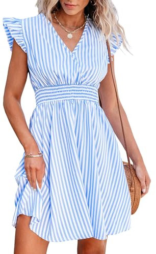 CUPSHE Women's Mini Dress Striped V Neck Flutter Sleeve Smocked Waist A Line Casual Summer Dresses Blue Striped M