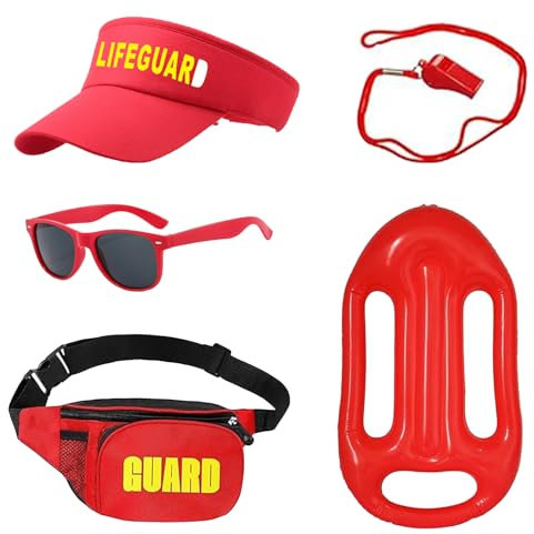 Ensemble de costume de sauveteur 5 pièces – Accessoires de costume de sauveteur avec chapeau rouge, lunettes de soleil, sifflet, tenue de costumade pour adultes, femmes, hommes, plage, piscine, fête