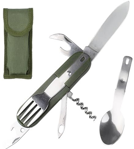 1PC Multifonction 7 en 1 Vaisselle de Camping,Couverts Randonnée Couverts de Camping Pliable Détachable Portables Kit Couvert Camping,Vaisselle Camping en Plein Air pour la Randonnée Voyage-Green