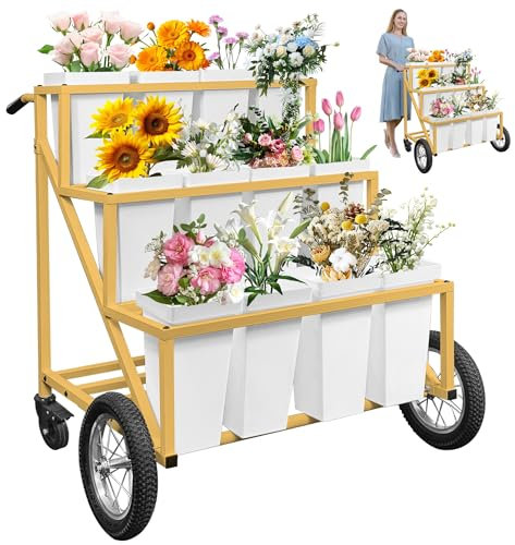 Prolee Flower Stand, Flower Cart with 12 Buckets, Flower Display Stand with Large Wheels, Flower Cart, Moving Florist Bouquet Shelf, Gold