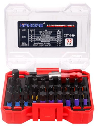 HPHOPE 32tlg. Schrauberbit Set Extra Hart (HEX-, SL-, PH-, PZ-, T-, TX-, Schnellwechsel-Bithalter und Schlagschrauber-Adapter), Zubehör Bohrschrauber und Schraubendreher