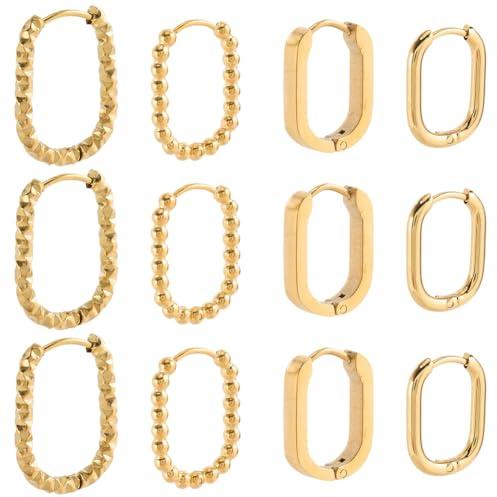 SUNNYCLUE 1 x låda med 8 par Huggie-ringar i 4 stilar, rektangulära, rostfritt stål, 17 mm, 19 mm, 22 mm, äkta 18 karat, guldpläterade, accessoarer, smycken, hantverk,