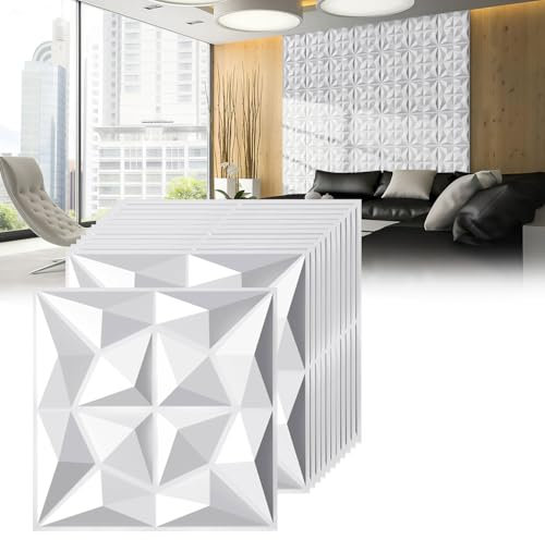 Jopassy Lot de 12 panneaux muraux 3D diamant - 50 x 50 cm (3 m²) - Panneaux muraux 3D - En PVC - Non déformable - Résistant à l'eau - Résistant à la chaleur - Blanc mat