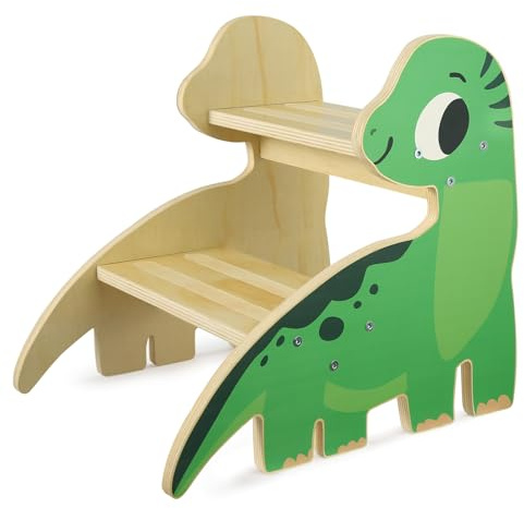 Tritthocker für Kinder aus Holz mit 2 Stufen – rutschfest, Kippsicher & Wasserfest, Kinderhocker mit Anti-Rutsch Pads für Bad, Küche, Kinderzimmer & Töpfchentraining ab 3 Jahren (Dinosaurier)