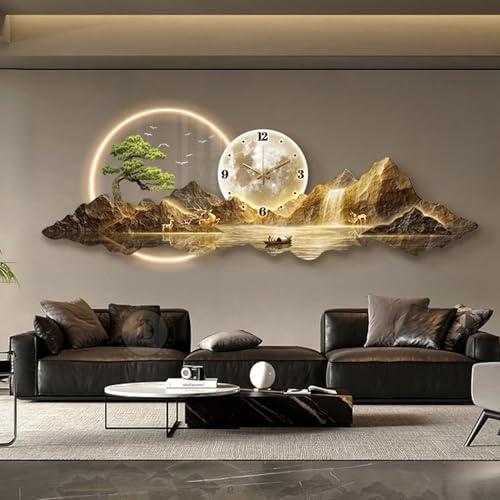 Scultura artistica da parete 3D, decorazione tradizionale cinese Feng Shui in pino da appendere alla parete per soggiorno moderno, dipinto con lampada e orologio da parete