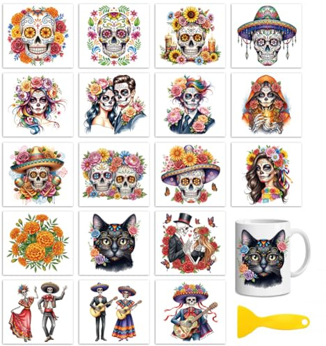 Peacoblue Day of the Dead Rub On Transfers for Craft, Transfer Sticker | 18 Sheets UV DTF Transfers, Waterproof Rub On Decals for Wood, Glass, Furniture, Tumblers & Home Decor Crafts