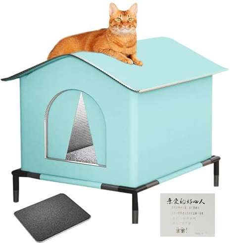 Woalopted Casa para gatos al aire libre resistente a la intemperie | Casa para gatos con suelo elevado y alfombrilla, con aislamiento térmico, casa de invierno con cueva para jardín, terraza, césped