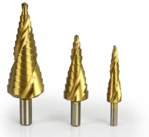PARENCE. - Set med 3 HSS-titanbelagda koniska delade borrar - 4–12 mm, 4-20 mm, 4-32 mm - delade borrar med flera diameter för metall, stål, plast