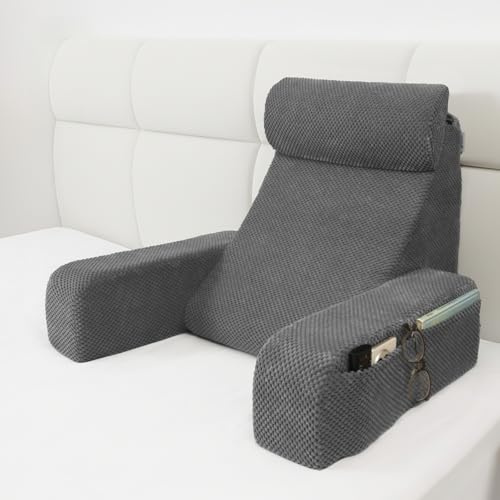 Vekkia Reading Pillow,Back Pillow for Bed Sitting Up Adult,Backrest Support Pillow with Build-in Arms & XL Pockets,Rest Chair for Reading,Gaming,Relaxing,Working or Watching TV in Bed/Floor-19'' Grey