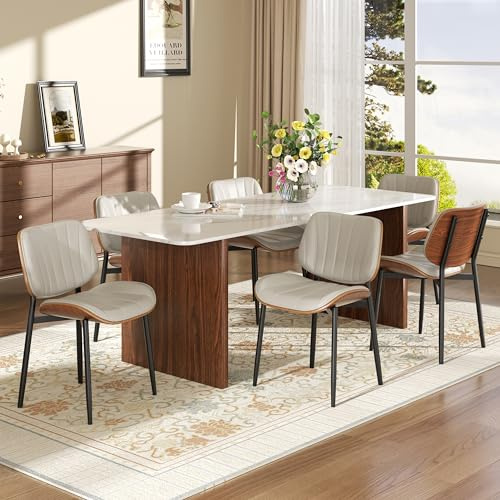 homeokay Dining Chairs Set 6 Solid Wood Backrest Modern Metal Chairs Upholstered Pu Leather Dining Chairs with Adjustable Foot Pad for Kitchen Dining Room Light Grey