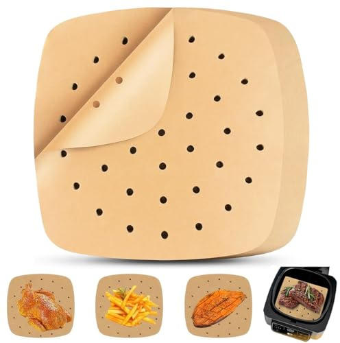 250 Piezas Papel Freidora Aire, Papel Air Fryer Cuadrado, Impermeable, Resistente al Aceite, Antiadherente Paper Perforado Freidora Aire para Horno, Cesta de Vapor