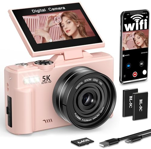 Digitalkamera 5K 75MP Kamera Fotokamera und Vlogging mit WIFI, 64GB Karte, 18X Digital Zoom, 180° Selfie Digital Camera Kompaktkamera Fotoapparat für Reisen, YouTube, Anfänger und Erwachsene (Schwarz)