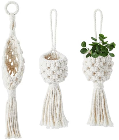 SUPERFINDINGS 3Pcs 3 Styles Macrame Wall Hanging Boho Decor Cotton Wall Hanging Basket Floral White Wall Mounted Woven Bag Tassels Handmade Yarn Art for Living Room or Home Décor