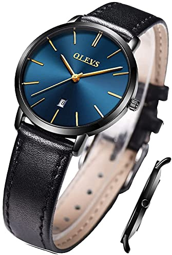 OLEVS Quarz Damen Uhr Elegante Armbanduhr Blau Zifferblatt Schwarz Lederarmband Wasserdicht 30M Datumsanzeige Leuchtende Frauen Uhr Geschenke zum Muttertag