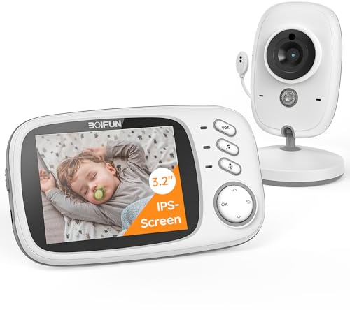Boifun Baby Monitor Video e Audio, Schermo IPS 4 720P Protettivo, Visione Notturna, Autonomia 11 ore, Avviso Sonoro, Zoom 3x, Rilevamento Temperatura, Ninna Nanne, Funziona Senza WiFi, Pronto all'Uso