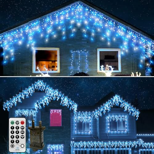 CERIAL Ghirlanda di luci a forma di pioggia di ghiaccio, 20 m, 540 LED, per esterni, con spina, impermeabile, con 108 gocce, per esterni, vacanze, matrimoni, blu + bianco
