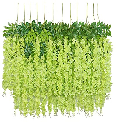 SZJH 12 st 3,6 fot konstgjord konstgjord konstgjord blåregn vinstockar ratta hängande girlang silkesblommor sträng hem fest bröllop dekor (grön)