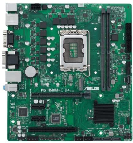 ASUS PRO H610M-C D4-CSM, Intel mATX moderkort, DDR4-kortplats, svart | LGA1700, PCI 4.0, Intel LAN 1Gb, Realtek 7.1 Surround, 1xM.2, 4xSATA 6 GB/s, USB 3.2 Gen 1, ASUS Control Center Express