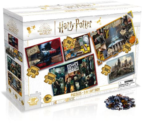 Winning Moves Harry Potter 5 in 1 Gift Box Jigsaw Puzzle Game, featuring Hogwarts Castle, Hogwarts Express, Snape, Slughorn, Harry Hermione, Ron and Draco, for Adults and for Kids Aged 10 plus