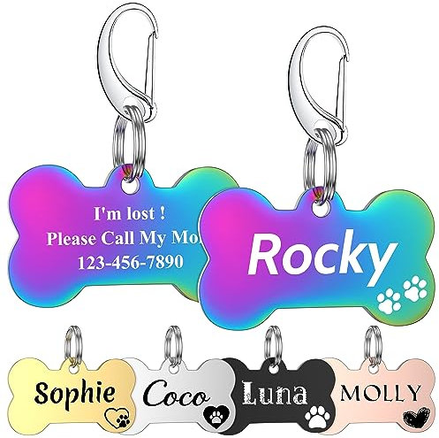 Hundemarke mit Gravur - GISUERY Hundemarke Personalisiert mit 48 Symbolen - Edelstahl und Doppelseitige Gravur - Adressanhänger Hund mit 5 Farboptionen und 2 Spaltringen (Knochen)
