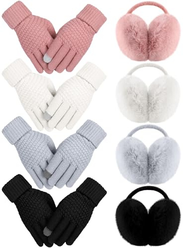 Suhine 8 Pieces Winter Ear Muffs with Gloves Sets Women Include 4 Pcs Soft Fuzzy Outdoors Adjustable Earmuffs 4 Pairs of Warm Gloves in Cold Weather for Women Girls