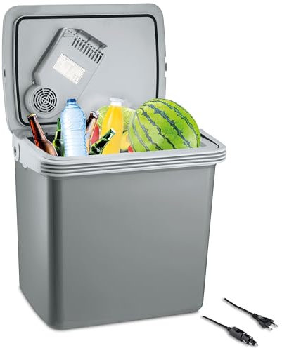 KLAMER elektrische Kühlbox 25 Liter mit Kühl- und Warmhaltefunktion, 2 Anschlüsse: 230V & 12V für Zigarettenanzünder, Auto-Kühlbox für Camping, Garten & Ausflüge, grau