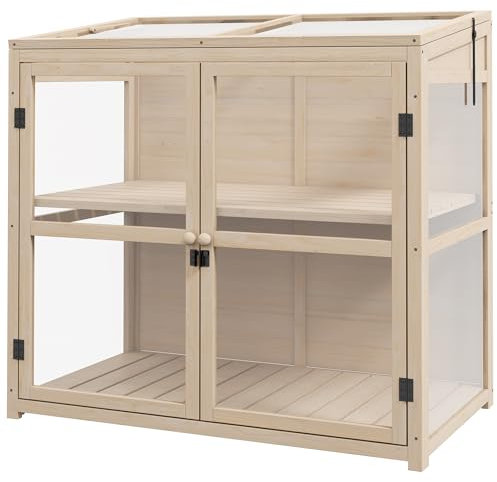 Outsunny Frühbeet aus Holz Gewächshaus 2-Stufiges Hochbeet mit Dachfenster, Doppeltür, Winddichtes Treibhaus, für Balkon, Garten, Natur, 103 x 61 x 103 cm