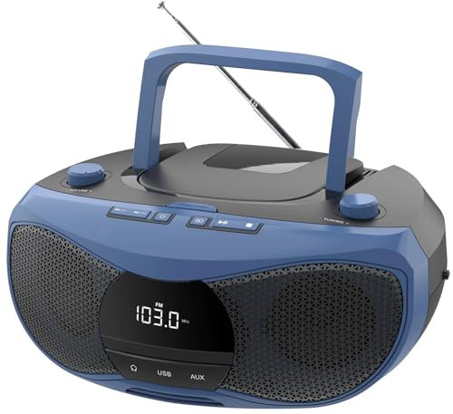 LONPOO Reproductor de CD portátil | 5 W estéreo Bluetooth Boombox | Botón Giratorio de Radio FM | Botón de Apertura de la Tapa del Coche | Pantalla LCD Grande | Puertos USB/AUX/Auxiliar Ocultos