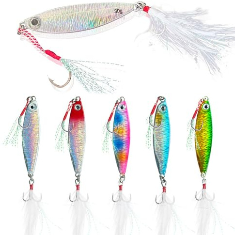 5 pezzi Esche da Pesca in Metall, 30g, con Esca Dura per Strumento di Esca, Metallo Cucchiai da Pesca con Piuma, Set di Esche da Pesca, per Trote, Pesce Persico, Luccio