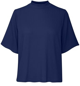 b.young BYPesina Damen T-Shirt RIPP-Shirt Kurzarmshirt mit Rippkragen leicht elastisch Loose fit, Größe:L, Farbe:Medieval Blue (193933)