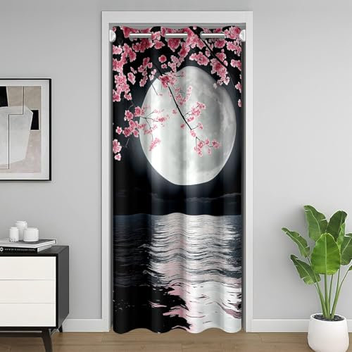 Loussiesd Kirschblüten Türvorhang 132x203cm Jungen Mädchen Meeresspiegel Vorhang Ozean Meer Mond Türvorhang Natürliche Landschaft Vorhang für Innentür Raumteiler