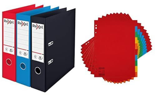 Bundle of Rexel Choices A4 Lever Arch Files, 3-Pack Assorted Colors, Durable Plastic, Replaceable Spine Labels, Ring Binder + 10 Packs A4 Card File Dividers