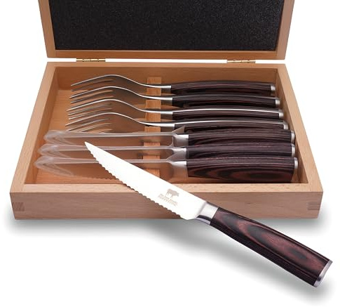BEEFSTONE Steakbesteck Set 8-teilig, 4 Steakmesser mit Wellenschliff + 4 Steakgabeln, Ergonomische Pakka-Holzgriffe, Geschenkbox aus Massivholz