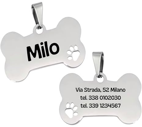 Medaglietta identificativa per cani a forma di osso in acciaio inox, incisione laser personalizzata fronte/retro, leggera, antiruggine e resistente all’acqua