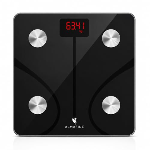 ALMAFINE Báscula Inteligente Digital Bluetooth 28x28 cm, 26 Métricas Corporales, Báscula de Baño con App iOS y Android, Cristal Templado, Peso Corporal, IMC, Grasa y Masa Muscular