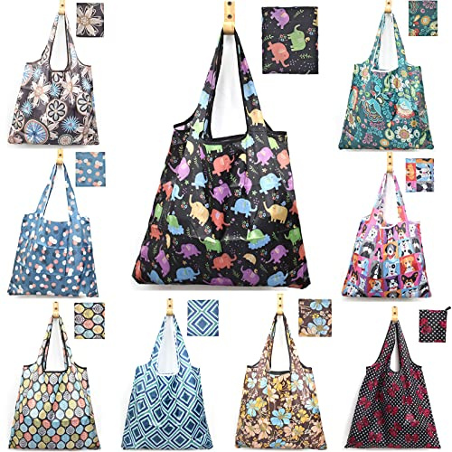 ATAMET 9 Pcs Reusable Grocery Bags, Foldable Shopping Bags, 50LBS Heavy Duty Durable Nylon Bags, Machine Washable Waterproof Ripstop Tote Bags (Elegant Retro)