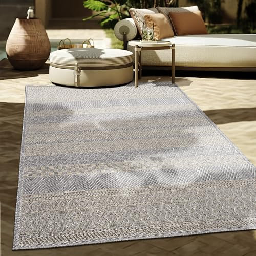 Paco Home Outdoor Teppich Flachgewebe Modern Boho-Style wetterfest & UV-beständig Ideal für Terrasse Balkon Wohnzimmer & Küche, Grösse:120x160 cm, Farbe:Grau