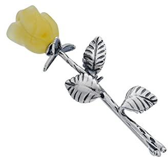 Broche para mujer, plata 925 oxidada, tallado a mano, pequeño broche de plata con rosa de ámbar en color leche, 3 g, Plata esterlina, Ámbar