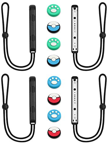 Vicloon 2 Coppia Switch Controller da Polso, di Blocco da Polso Lanyard con 8 Carino Tappo del Joystick, con Corda Regolabile per Switch Joycon, Nero