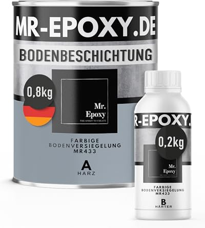 Mr. Epoxy Epoxidharz Bodenbeschichtung (1 kg, RAL 7001 Silbergrau) - 2K Betonfarbe für Garagen, Keller & Werkstatt Boden - Flüssigkunststoff Epoxid Grundierung und Bodenversiegelung