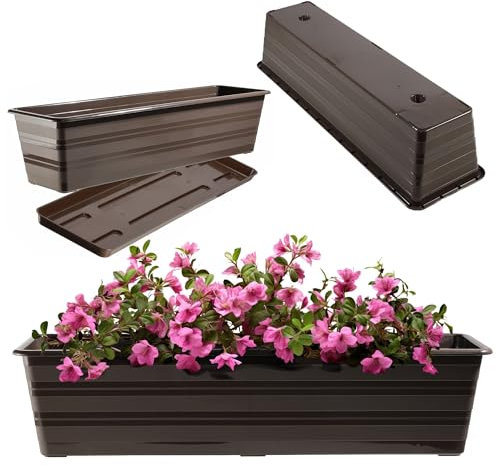 KADAX Fioriera 60 cm con sottovasi, marrone, vaso da balcone in plastica, resistente alle intemperie, vaso da fiori, ringhiera per fiori, erbe aromatiche