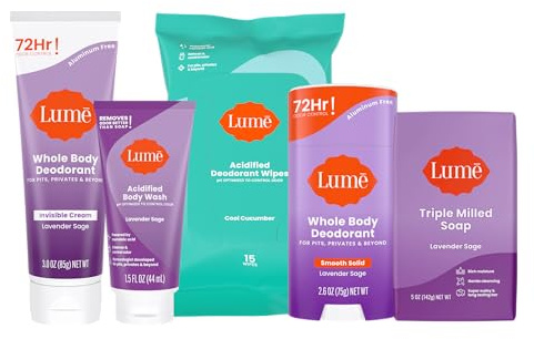 Lume Skin Care Gift Set for Women, Whole Body Deodorant Starter Pack - Smooth Solid Stick, Invisible Cream Tube, Acidified Body Wash Mini & Deodorant Wipes - Aluminum Free Odor Control (Lavender Sage)