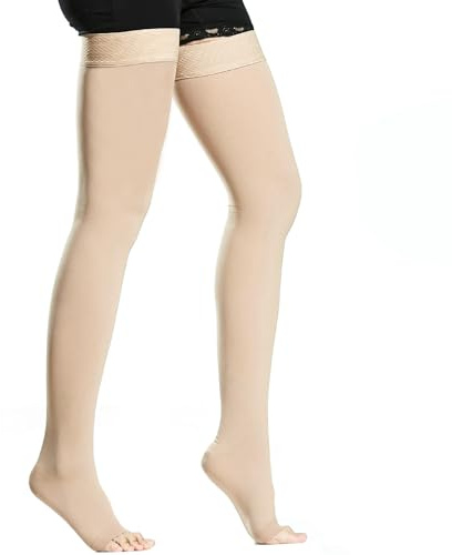 BellaAchtung Calze a compressione mediche per donne e uomini 20-30 mmHg Supporto graduato, Calze di supporto per cosce, Calze a compressione per edemi Senza piede con fascia in silicone, beige., XXL