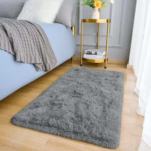 MOONLIGHT20015 Rugs Living Room – Grey Area Rugs for Bedroom Small Anti Slip – Modern Super Soft Thick Pile Fluffy Shaggy Rug – Plush Carpet Non Shedding Easy to Clean, 50cm x 80cm