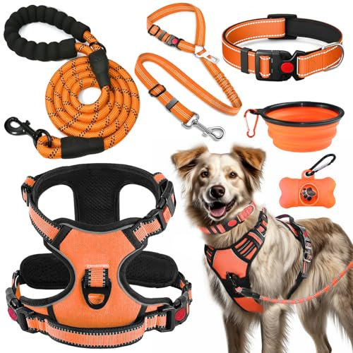 LOBEVE Anti-Zug Hundegeschirr Set mit Halsband & Leine | Inkl. Auto Sicherheitsgurt, Faltbare Näpfe & Kotbeutelspender | Für kleine bis große Hunde | Ideal für Spaziergänge, Training & Reisen