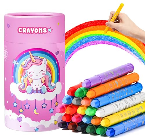 JYPS Einhorn Waschbar Wachsmalstifte für Kleinkinder, 24 Farben Buntstifte Set mit Stifthalter, Ungiftige Sichere Kleinkindmalstifte ab 1-3 jahr, Weihnachtsgeschenke Geschenk für 5-10 Mädchen