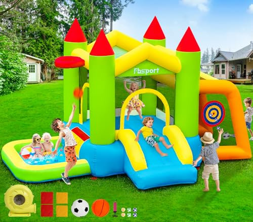 FBSPORT Château Gonflable pour Enfants avec Toboggan, Trampoline, Piscine à Balles, Terrain de Football, Lancer de Sacs de Sable, Stand de Tir, pour Intérieur Extérieur Jardin, 314×208×175cm