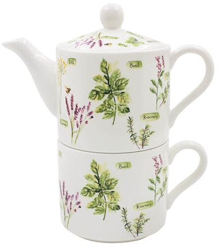 The Leonardo Collection Jennifer Rose Gallery Ensemble théière et tasse en porcelaine avec illustration du jardin d'herbes aromatiques | Élégant service à thé | Style rustique | Cadeau pour le jardin