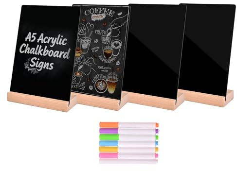 Pintuson 4 Pack Mini Chalkboard Signs - 8x6 inch Acrylic Chalk Board - Small Chalkboard Signs with Beech Base - Double Sided Blackboard for Display Menus, Food Signs, Message Boards, Table Numbers